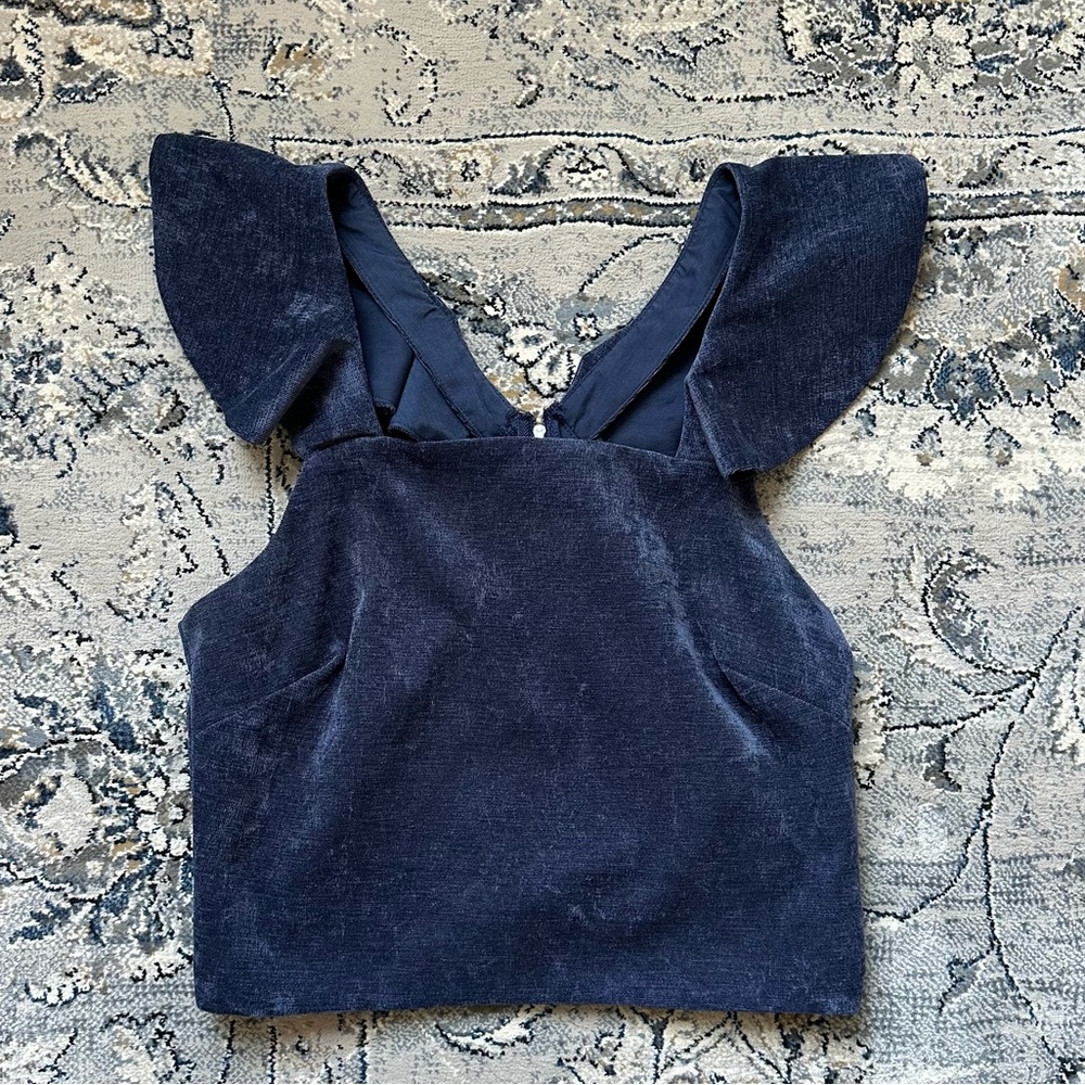 Navy velvet crop top with ruffle sleeve